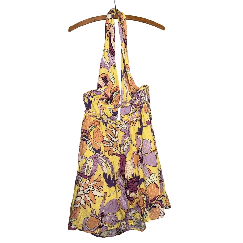 Illa Illa Womens Floral Halter Romper Yellow Purple Plunging Neck Braided Size M